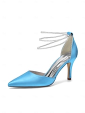 Недорогие Невеста-Женские серебристые атласные туфли на каблуке с острым носком и жемчужными ремешками на щиколотке, элегантные свадебные туфли для пляжной свадьбы.