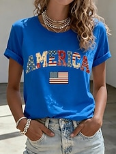  Amerikanischer Unabhängigkeitstag Damen T Shirt Druck Grafik Flagge Stilvoll Klassisch Lässig Kurzarm Rundhalsausschnitt Rundhals Lange Oberteile Täglich Blau Schwarz Weiß Rote Sommer Frühling