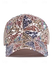 baratos Acessórios de férias-Boné feminino multicolorido estilo boho com lantejoulas, poliéster respirável, perfeito para férias e uso casual no dia a dia.