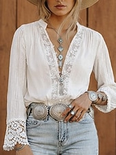 זול טופים מבד תחרה-בגדי ריקוד נשים חולצה חולצות תחרה תחרה אחיד מודרני יום יומי שרוול ארוך צווארון V חולצות רגילות חגים ליציאה לבן קיץ