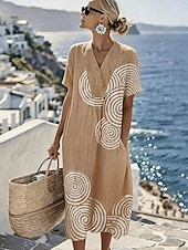 billige Stripete og geometriske kjoler-Dame Midikjole Solkjole Kjole med A-linje Ferie Fritid Strandstil Strand Fest Løstsittende Grafisk Geometrisk Kortermet V-hals Blå Lilla Grønn Kakifarget Sommer Vår