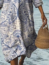 preiswerte Urlaubs Boho Kleid-Damen Midikleid Freizeitkleid Elegant Mode Modern Outdoor Strand Urlaub Normale Passform Grafik Halbarm V Ausschnitt Blau Sommer Frühling