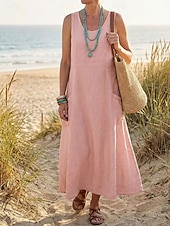 preiswerte Luxuskleider-Damen Midikleid Baumwoll-Leinen-Kleider Shiftkleid Sommerkleid Trägerkleid Elegant Mode Modern Täglich Outdoor Urlaub Lässiger Schnitt Einfach Ärmellos U-Ausschnitt Weiß Rosa Orange Khaki Sommer
