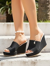 economico Sandali con zeppa-sandali con zeppa da donna in denim azzurro chiaro: eleganti sabot con plateau per resort all'aperto, vacanze estive e relax in hotel