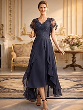 preiswerte Knöchellänge-A-Linie Tee-Länge Partykleid Cocktailkleid Kleid für Hochzeitsgäste Brautmutterkleid Kurzarm V Ausschnitt Elegant Formell Hochzeitsgast Formeller Abend Chiffon mit Einfarbig