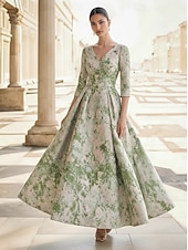 abordables Robes de cocktail-Ligne A Longueur cheville Longueur thé Robe de Cérémonie Robe Fleurie Robes de Cocktail Élégant ancien Floral Manche 3/4 Col en V Fête de jardin Mariage Poche Jacquard Dos Bénitier avec Imprim