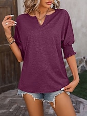 preiswerte Einfarbiges T-Shirt-Damen T Shirt Rüsche Einfarbig Vintage Stilvoll Klassisch Dreiviertelarm V Ausschnitt Normale Oberteile Täglich Schwarz Rosa Marineblau Fuchsie Grün Sommer Frühling