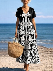 abordables Robes de vacances-Femmes Robe Midi Robe d'Été Robe trapèze Vacances Occasionnel Boho Papillon Plage Coupe régulière Graphique Tribal Manche Courte Col Rond Bleu Bleu Ciel Or noir Noir Été Printemps