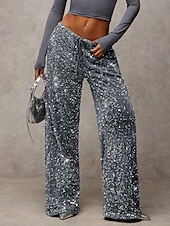 baratos perna larga e cintura alta-Mulheres Calças Calça casual Reto Moda Roupa de rua Básico Comprimento total Cintura Alta Tecido Paetês Bolsos Cintura elástica Confortável Micro-Elástica Diário Férias Festa Preto Azul Marinha Azul