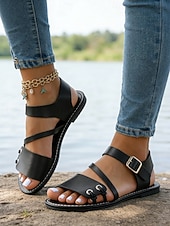 preiswerte Flache Sandalen-Leichte Damen-Sommersandalen – klassische braune flache Sandalen mit Knöchelriemen für Damen, perfekt für Strandbesuche und Alltagsoutfits.