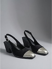 abordables zapatos de tacón con tira-Zapatos de tacón de bloque negros con tira trasera para mujer: zapatos de vestir profesionales de dos tonos con punta puntiaguda y puntera plateada para trabajo de oficina y reuniones. &amp;viaje diario