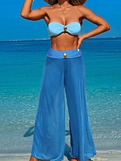 preiswerte 3-teiliges Bikini-Set-Damen Badeanzug Dreiteilig Hose Bademode Gerafft Rückenfrei Urlaub Strandbekleidung Einfach Trägerlos Ärmellos Badeanzüge