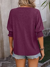 preiswerte Einfarbiges T-Shirt-Damen T Shirt Rüsche Einfarbig Vintage Stilvoll Klassisch Dreiviertelarm V Ausschnitt Normale Oberteile Täglich Schwarz Rosa Marineblau Fuchsie Grün Sommer Frühling