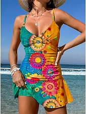 abordables Tankinis-Mujer Bañadores Una pieza Falda Traje de baño Elegante Vacaciones Floral Graphic Escote en Pico Sin Mangas Trajes de baño