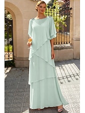 economico Lunghezza del pavimento-Linea ad A Lunghezza al pavimento Abito da invitata a nozze Abito Formale Abito a Strati Abito da cerimonia per signora Mezza Manica Scollo a Barca Elegante Formale Ospite di nozze Chiffon con Volant