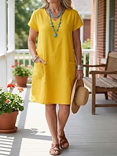 abordables Robe blanche-Femmes Robe Longueur Genou Robes en coton et lin Robe fourreau Robe Décontractée Élégant Mode Moderne Quotidien Extérieur Vacances Coupe régulière Uni Manche Courte Col en V Bleu Jaune Vin Orange Ét
