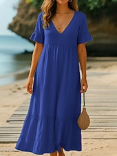 ieftine Rochie simplă-Pentru femei Rochii Midi Rochie casual Rochie din Bumbac Rochie A line Modă Modern Zilnic Plajă Vacanță Potrivire Largă Simplu Manșon scurt În V Albastru piscină Alb Portocaliu Trifoi Vară Primăvară