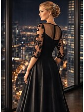 ieftine Lungimea podelei-Linia -A Lungime Podea Rochie pentru invitata de nunta Rochie formala Rochie Flare Rochie Mama Miresei Lungime Manșon 3/4 Bijuterie Elegant Mamă Invitat la nunta Satin cu Mărgele Aplică