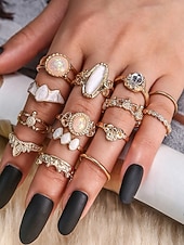 billiga Damringar-set med bohemiska ringar för kvinnor, halsband och örhängen i vintagelegering med turkosa accenter, accessoarer i retrostil för vardagsbruk, sommarsemester, strandfester och högtidsgåvor
