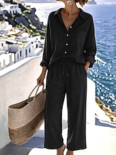 preiswerte Sets-Damen Baumwoll-Leinen Hosen Sets Bolero Oberteil Langarm Hemd Kragen Einfarbig Mode Streetwear Lässig Alltag Draußen Blau Schwarz Weiß Sommer Lockerer Schnitt
