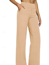 cheap Wide Leg &amp; High Waisted-Women's Trousers Casual Pants Straight Fashion Streetwear Basic Full Length High Waist Plain Pocket Elastic Waist Comfort Micro-elastic Daily Vacation Street Blue Black White Almond Spring Fall Loose