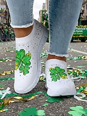  kvinnehjerte til St. Patricks dag &Flyknit-sneakers med kløvertrykk - elastiske, pustende slip-on-sko til irsk parade, høytidsfest og reiser &hverdagskomfort