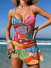 お買い得  タンキニ-女性用 スイムウェア ワンピース スカート 水着 ニット エレガント 旅行度假风 グラフィック 幾何学模様 Ｖネック ノースリーブ 水着