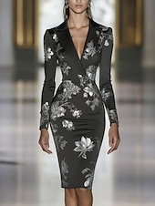cheap Floral Dress-Women's Mini Dress Bodycon Dress Work Dresses Semi Formal Office Regular Fit Floral Long Sleeve Shirt Collar Black Wine Navy Blue Sky Blue Summer Spring