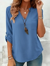 billiga Lyxiga skjortor-Dam Skjorta Linneskjortor i bomull Casual skjorta Blus Slät Stylish Klassisk Modern Långärmad V-hals Vanliga toppar Dagligen Helgdag Utekväll Blå Gul Purpur Grön Kaki Vår Höst