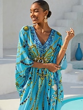 economico abito casual stampato-caftano da vacanza in chiffon con gioielli vintage