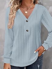 cheap Plain Blouses-Women's Tunic Popover Shirt Casual Shirt Blouse Buttons Solid Color Vacation Vintage Stylish Long Sleeve V Neck Regular Tops Daily Outdoor Holiday Blue Black White Red Purple Spring Fall