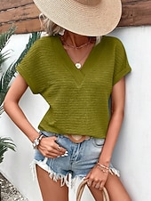 baratos Camiseta lisa-Mulheres Camiseta T-shirt Côr Sólida Moda à moda Clássico Manga Curta Decote V Tops regulares Diário Para Noite Final de semana Rosa Verde Tropa Vermelho Marron Verde Verão Primavera