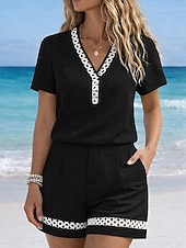 economico Imposta-Per donna Set effetto lino Set di Pantaloncini Bolero Manica Corta Scollo a V Tinta unica Taglio Moda Streetwear Casuale Quotidiano All'aperto Nero Beige Estate Vestibilità regolare