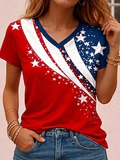  Giorno dell'Indipendenza Americana Per donna Maglietta Stampato Grafico Bandiera Bandiera Americana Vintage Elegante Classico Manica Corta Scollo a V Top Regolari Quotidiano Blu Bianco / blu Bianco