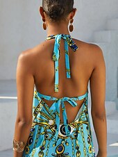 abordables vestido casual estampado-Vestido largo de tirantes de satén sedoso con joyas vintage