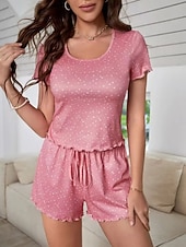 preiswerte Damen Schlafoberteile und -unterteile-Damen Schlafanzug Set Lässig Komfort Punkt Elastischer Bund Shorts Täglich Heim Kurzarm Rundhalsausschnitt Blau Rosa Purpur Grün Sommer Frühling Normale Passform