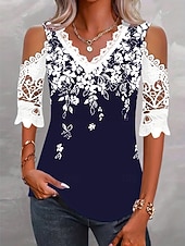 economico Bluse Floreali-Per donna Top con cuciture in pizzo Blusa Pizzo Stampato Floreale Elegante Casual Manica Corta Scollo a V Top Regolari Quotidiano Blu Nero Rosso Viola Estate Primavera