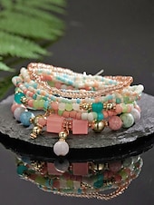 levne Dovolená příslušenství-Dámské vícebarevné korálkové náramky z pryskyřice a slitiny v bohémském stylu, moderní a zářivý vzhled, ideální na dovolenou i pro běžné nošení.