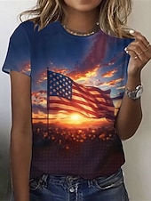  Amerykański Dzień Niepodległości Damskie Podkoszulek Nadruk Graficzny Flaga Elegancki Klasyczny Codzienny Krótki rękaw Półgolf Okrągły dekolt Zwykłe topy Codzienny Niebieski Czerwony Czerwony