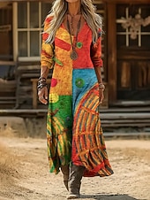 billiga Etnisk Boho Klänning-Dam Midiklänning Vintage klänning Vardagsklänning Vintage Dagligen Utomhus Semester Normal Abstrakt Graffiti Långärmad V-hals Orange Vår Höst