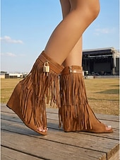 economico Donne-Stivali da donna con zeppa, punta aperta, frange in pelle scamosciata, cerniera e lucchetto – stile boho festival per concerti musicali ed eventi all'aperto