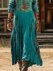 tanie Etniczna sukienka boho-Damskie Sukienka midi Sukienka Boho Zabytkowa sukienka Codzienne sukienki Moda Klasyczny Nowoczesny Codzienny Na zewnątrz Urlop Regularny Kwiaty Długi rękaw W serek Niebieski Czerwony Granatowy