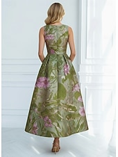 preiswerte Cocktailkleider-A-Linie Tee-Länge Abendkleid Cocktailkleider Elegant Ärmellos U-Boot-Ausschnitt Hochzeit Formell Jacquard mit Falten