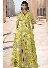  A-linja Kokopitkä Iltapuku Tyylikäs Korkea jaettu Pitkähihainen Paitapuserokaula-aukko Puutarhajuhlat Häät Tasku Jakardi kanssa Kukkapainatus Rusetti(rusetit) Halkio