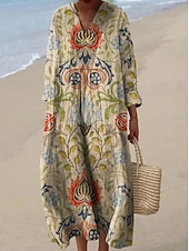 ieftine Rochii boho-Pentru femei Rochie Maxi Rochie de Vară Rochie A line Vacanță Casual Boho Plajă Petrecere Potrivire Largă Floral Grafic Geometric Manșon Lung În V Alb Albăstrui Negru Kaki Vară Primăvară Toamnă