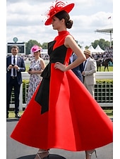 ieftine Rochii de seară cu talie empire-Haine Bal Lungime Gleznă Rochii de bal Rochii de seara Rochie De Bal Rochie formală Elegant 1950 Bloc de Culoare Fără manșon Gât Înalt Bal Invitat la nunta Satin cu Arc