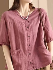 cheap Shirts-Women's Blouse Faux Linen Shirt Pocket Buttons Solid Color Daily Casual Half Sleeve Crew Neck Regular Tops Daily Black White Pink Brown Green Summer Spring