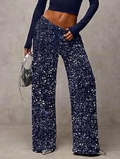 baratos perna larga e cintura alta-Mulheres Calças Calça casual Reto Moda Roupa de rua Básico Comprimento total Cintura Alta Tecido Paetês Bolsos Cintura elástica Confortável Micro-Elástica Diário Férias Festa Preto Azul Marinha Azul