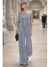 cheap Mom's Jumpsuits-Jumpsuits Floor Length Mother of the Bride Dress Short Sleeve Off Shoulder Elegant Formal Wedding Guest Wedding Party Chiffon with Ruffles
