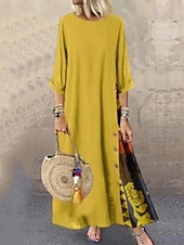 abordables Robes-Robe maxi en lin pour femme faux coton robe décontractée coupe ample graphique floral manches 3/4 col rond noir jaune rouge violet été printemps